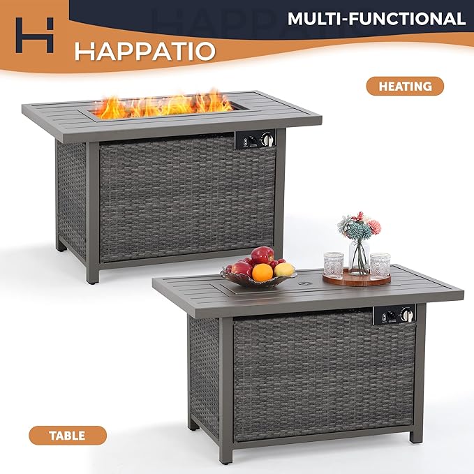 Fire Pit Table, HAPPATIO 42inch 50000 BTU Propane Fire Pit with Metal Fence Table Top, Lid, Black Glass Rock, CSA Safety Certified for Patio Balcony Backyard (Gray)
