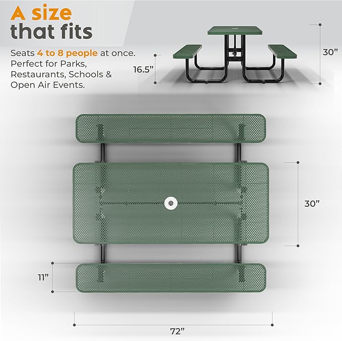 OUTTANS Commercial Heavy-Duty Metal Picnic Table - ADA Compliant, Adjustable Seats, Umbrella Hole (Green, 6' Rectangular, Punched Steel)