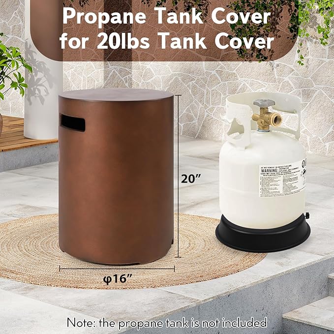Propane Tank Cover Table, Modern Outdoor Gas Tank Covers, φ16 X 20inch Concrete Tank Storage Box Hideaway Table for Propane Gas Fire Pit and Round Tank Holder with Handles (Brown)