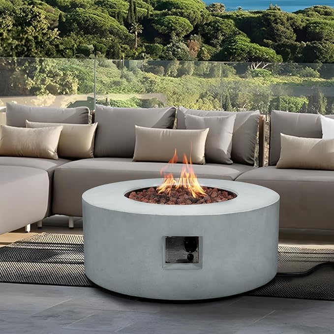 36" Round Propane Fire Pit Table,50,000 BTU Outdoor Concrete Gas Firepit with Lava Rocks & Rain Cover,Modern Patio Coffee Table for Backyard and Deck