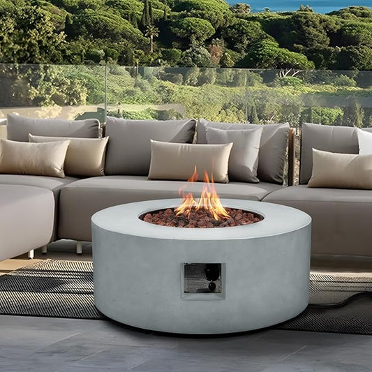 36" Round Propane Fire Pit Table,50,000 BTU Outdoor Concrete Gas Firepit with Lava Rocks & Rain Cover,Modern Patio Coffee Table for Backyard and Deck