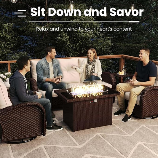 7 Pieces Patio Furniture Sets with Fire Pit Table, Wicker Rattan High Back Outdoor Swivel Rocking Chairs Set with 3-Seat Couch, Ottomans and Side Table