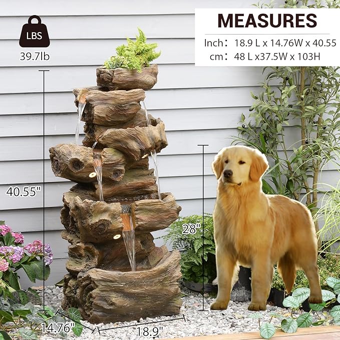 Bumilgar 40.6" H Wood-Like Water Fountain Indoor & Outdoor, 5-Tier Natural Cascading Waterfall with LED Light for Patio, Porch, Garden, Home Decor, Medium Wood