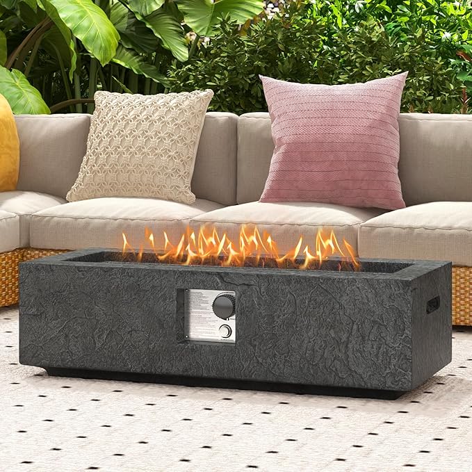 Tangkula 42.5 Inches Outdoor Propane Fire Pit Table, 50,000 BTU Rectangular Magnesium Oxide Gas Firepit with Stainless Steel Burner, Lava Rock and Protective Cover