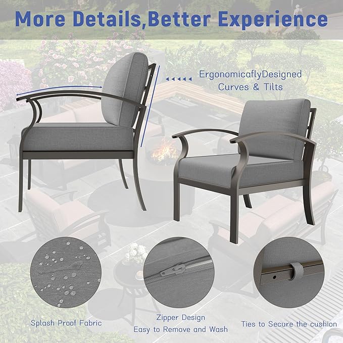 Aluminum Patio Furniture Set with Round Fire Pit Table, 7 Seats Outdoor Conversation Sets Modern Metal Patio Sectional Sofa with Upgrade Cushions for Patio, Backyard Grey