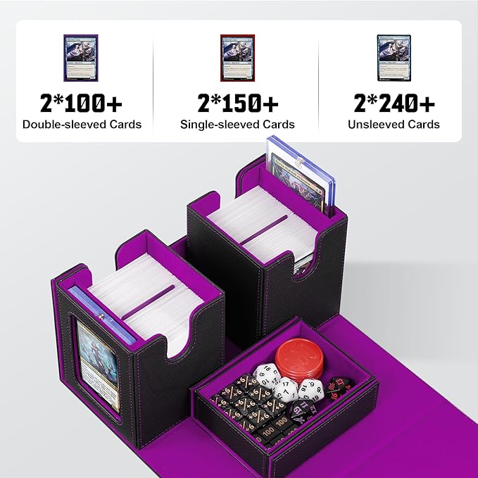 ZLCA Card Deck Box with Commander window Display, MTG Deck Box with Dice Tray Holds 200+ Double-Sleered Cards,Card Storage Case fit for YuGiOh,MTG,Sport (Black&Purple)
