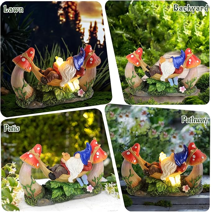 Sinhra Outdoor Garden Gnome Statue,Solar Gnomes Figurine Lying on Hammock with Bird and Mushrooms,Outdoor Garden Decoration for Patio Yard Lawn Porch,Gifts for Mom/Grandma/Women
