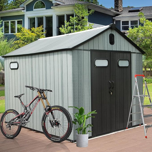 8X10FT Outdoor Resin Storage Shed, Waterproof Plastic Garden Shed with Lockable Door, Windows & Vents, Outside Storage Tool Shed for Patio Furniture, Lawn Mower, Bike