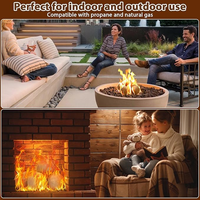 Ceramic Fire Balls, 5 Inch Set of 6 Fire Stones for Indoor & Outdoor Fire Pits or Gas Fireplaces, Reusable Decorative Landscaping and Fireplaces Accessories, Beige