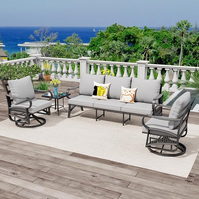 4 Piece Patio Furniture Set, All Weather Metal Outdoor Conversation Set with Swivel Chairs, Thick Cushions and Coffee Table for Garden, Porch, Lawn, Grey