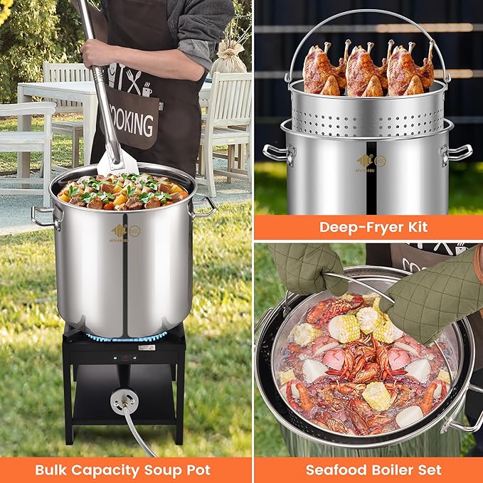 ARC 84QT Stainless Steel Seafood Boiling Kit with Strainer and 200,000BTU Propane Stove, Crab Crawfish Boil Pot and Burner for Outdoors Cooking and Steaming, Large Stockpot, Non-Assembly
