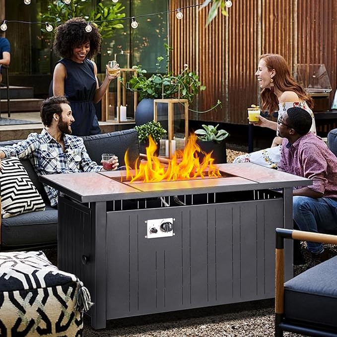 47" Propane Fire Pit Table with Real Ceramic Tabletop, 50000 BTU Gas Firepit Table with Lid & Lava Stones, Outdoor Fire Pit for Dining or Party, Firepit for Outside, Patio