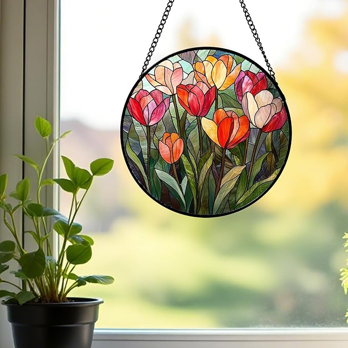 QZQCBLC Stained Glass Window Hanging Red and Pink Tulips 7.8" - Plant Suncatcher Door Garden Flower Sun Catcher Home Decor Birthday Christmas for Mom Woman Wife Friend Nana