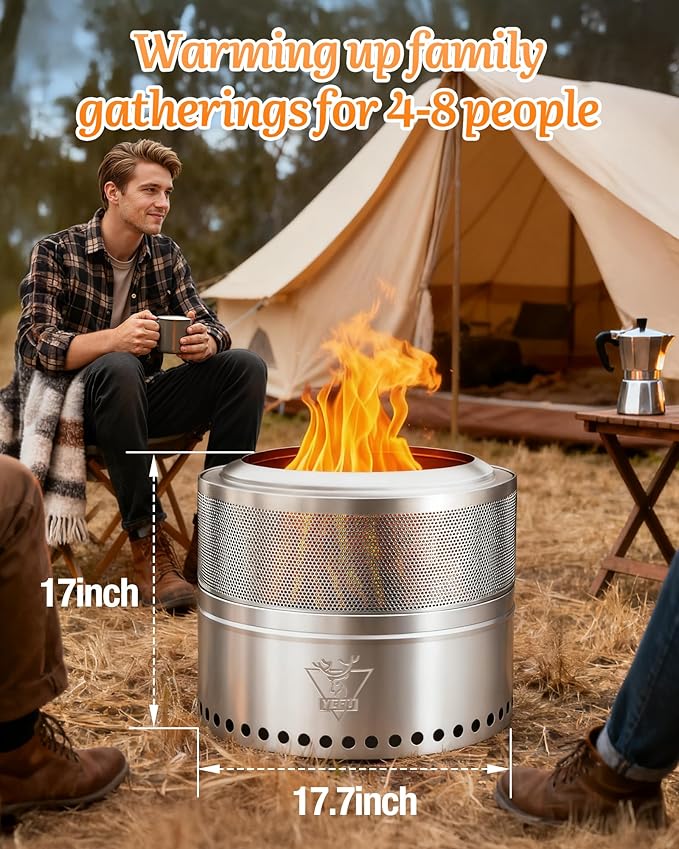 YEFU Smokeless Firepit Foldable 17.7in: Portable Fire Pit for Outside Wood Burning - Outdoor Camping Patio Bonfire Pit with Removable Ash Pan Easy to Carry & Clean