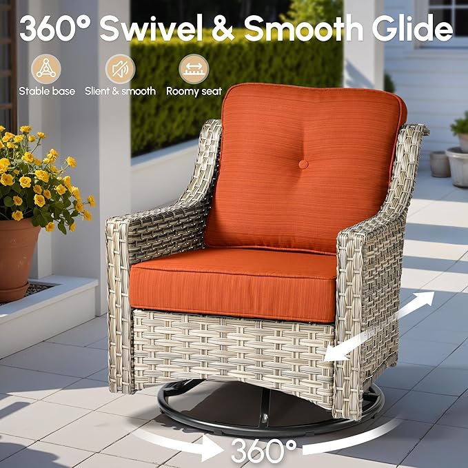 8 Pieces Patio Outdoor Furniture Set with Swivel Rocking Chairs,All Weather Wicker Rattan Patio Seating Sofa and Chair Set w/Ottoman,Outdoor Conversation Sets for Deck Yard Garden,Orange Red