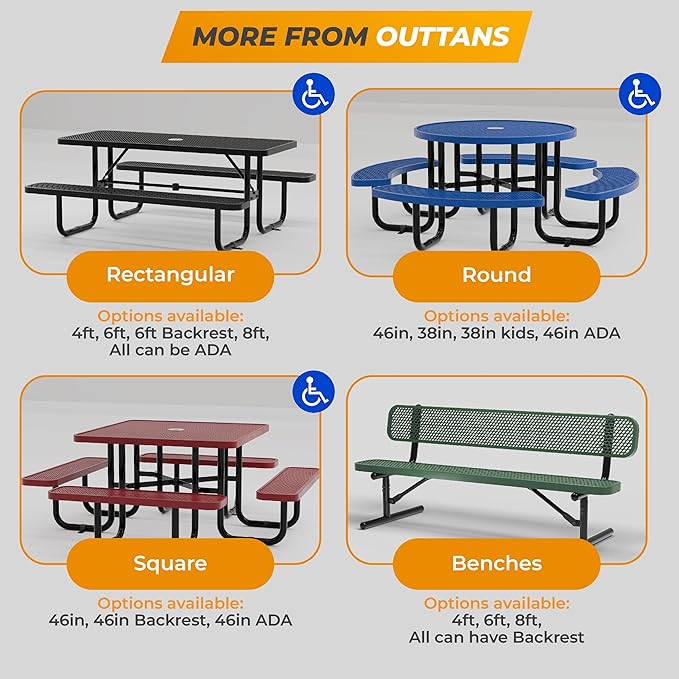OUTTANS Commercial Heavy-Duty Metal Picnic Table - ADA Compliant, Adjustable Seats, Umbrella Hole (Green, 8' Rectangular, Punched Steel)