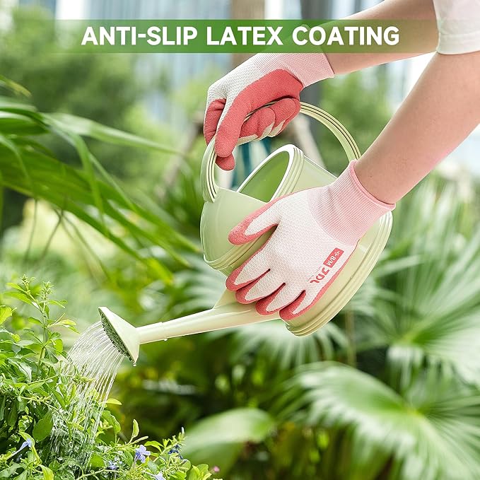 JDL Gardening Gloves for Women, 2 Pairs Breathable Latex Coated Yard Garden Gloves, Rubber Outdoor Protective Work Gloves with Grip, Pink, Medium Size