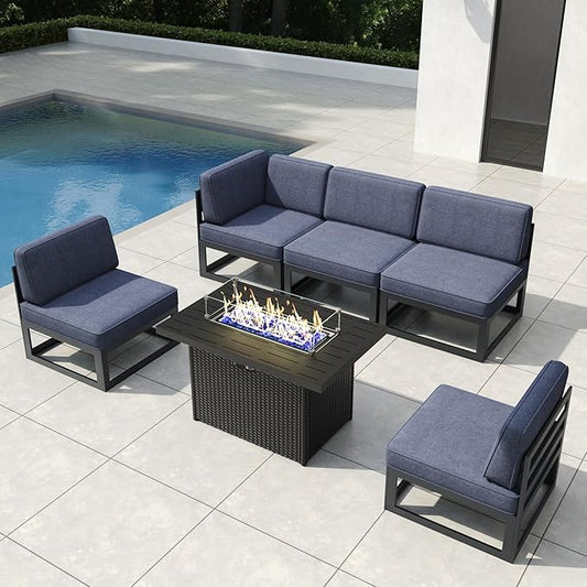 6 Pieces Aluminum Patio Furniture Set with Propane Gas 44" Fire Pit Table, Metal Outdoor Conversation Sofa Set with Seating Cushions