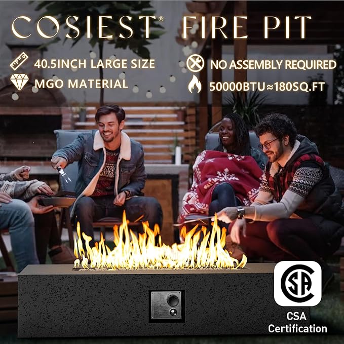 COSIEST 56" Rectangular Outdoor Propane Fire Pit Coffee Table w Concrete Rectangle Base, Certified, 50,000 BTU, Free Lava Rocks and RainCover, Fits 20lb Tank Outside,Tank Cover, Gray