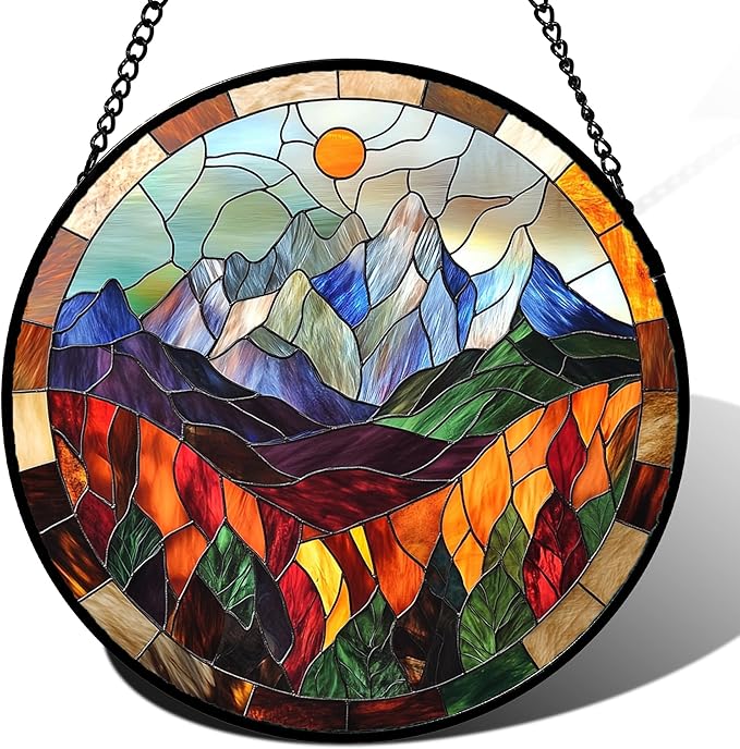 QZQCBLC Stained Glass Window Hanging Orange Sun Colorful Mountains Landscape Large 11.8" - Suncatcher Door Garden Sun Catcher Home Decor Birthday Christmas for Mom Men Woman Friend