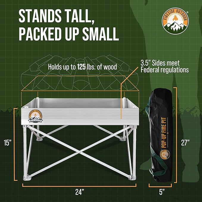Fireside Outdoor Portable Fire Pit for Camping Fire Pit 24 Inch - Collapsible Pop Up Firepits for Outside, Portable Campfire Pits, Small Firepit for Outside, Weighs 7 lbs, Heat Shield NOT Included