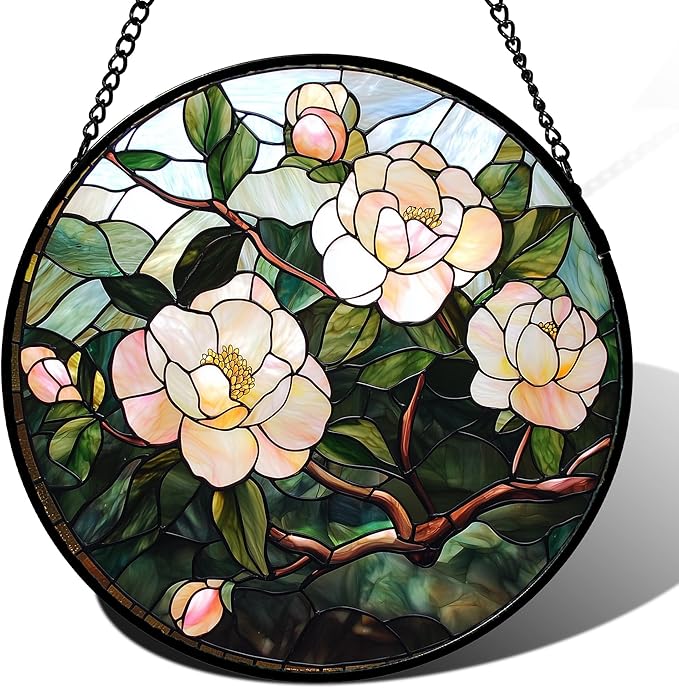AMDERVEN Stained Glass Suncatcher, Light Pink Flowers Green Leaf Sun Catcher Plant Stain Glass Window Hanging Decoration Mother's Day Birthday Gifts for Women Men Mom Nana 7.8 in