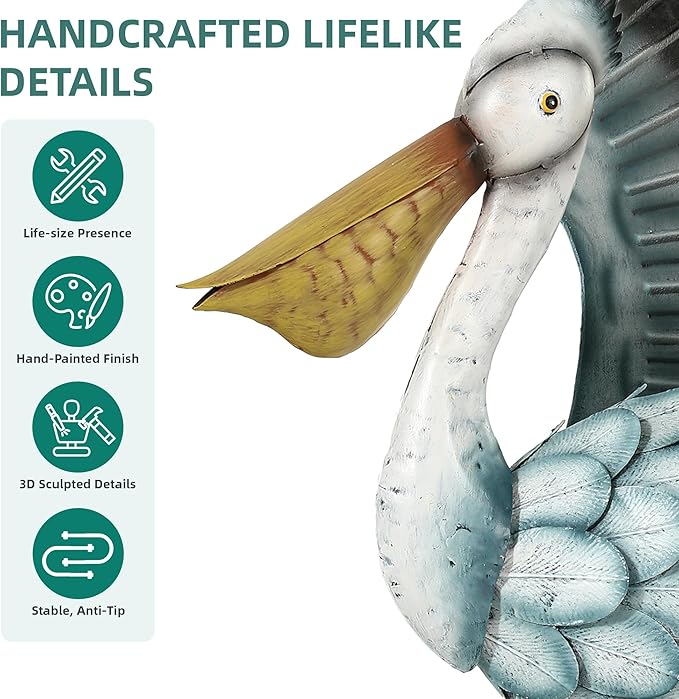 Ultym 18.5" Metal Pelican Yard Decor - Handmade Large Coastal Ocean Bird Sculptures with Stable Ground Stakes, Backyard Decoration, Metal Garden Art