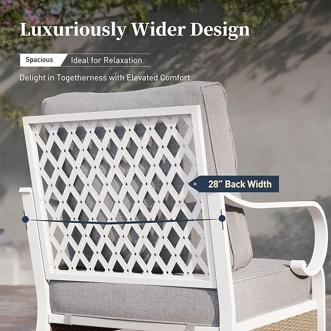 SUNSHINE VALLEY 4 PCS Metal Outdoor Patio Furniture Set, Patio Conversation Sets 1 3-Seater Sofa, 2 Swivel Chairs with 5.75" Extra Thick Cushion and Coffee Table, White Frame Backyard Furniture, Gray
