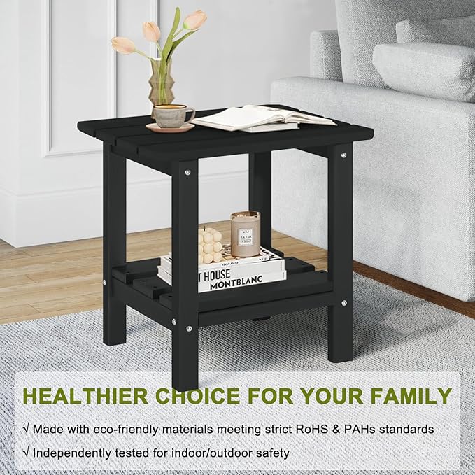 Adirondack Outdoor Side Table, 2-Tier Small Patio End Table, Weather Resistant HDPE Outdoor End Tables for Garden, Lawn, Pool, Beach, Porch, Deck, Backyard - Square, Black