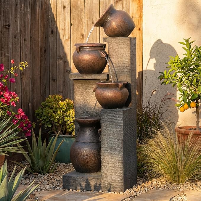 Bumilgar 53" H Large Outdoor Water Fountain with Lights - 4 Tiered Cascading Bowls Waterfall Fountain for Garden, Patio, Backyard, Porch Inside - Freestanding Outdoor Water Feature Gold