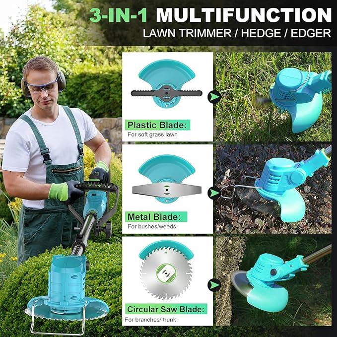 Powzen 36V Electric Weed Wacker Cordless String Trimmer Battery Powered/w 2X 6.0Ah Battery and 2.0Amp Charger, Height Adjustable Wheeled，3-in-1 Grass Trimmer/Brush Cutter/Hedge Trimmer/Weed Eater