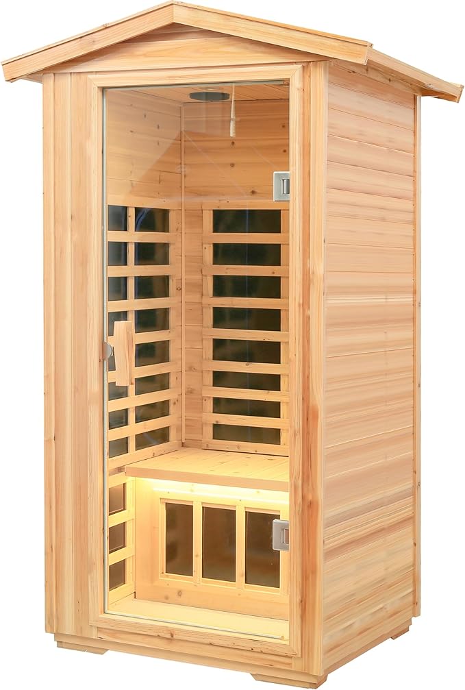 LTCCDSS 1-Person Low EMF Outdoor Far Infrared Sauna - Wisconsin Basswood Saunas for Home - Bluetooth Speakers, LED Reading Lamps, Chromotherapy Lights (45.7 * 39.4 * 79.5 inch)