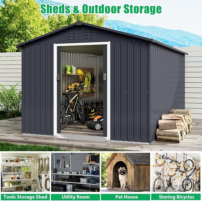 8X12 FT Metal Outdoor Storage Shed, Large Galvanized Steel Garden Tool Shed with Lockable Double Doors & Ventilation - Weatherproof Shelter for Bicycles, Lawn Mowers, Tools in Backyard