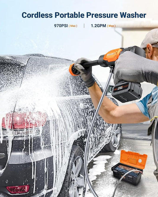 SEALIGHT Cordless Pressure Washer Portable Power Washer, 970PSI Portable Car Washer with 3.0Ah Battery 6-in-1 Nozzle Carry Box Battery Operated Power Washer for Cars, Fences, Patio, Bikes Cleaning