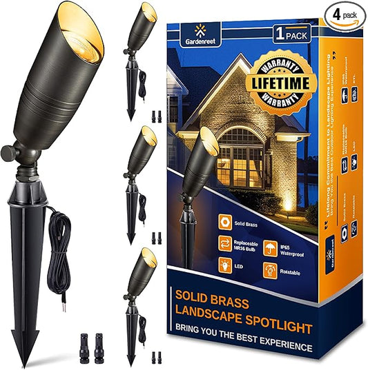 Gardenreet Brass Landscape Lighting - Low Voltage Spotlights Outdoor LED, 12V Wired Uplights, Waterproof Spot Lights, Antique Bronze for Outside Trees Without MR16 Bulb (4 Pack)