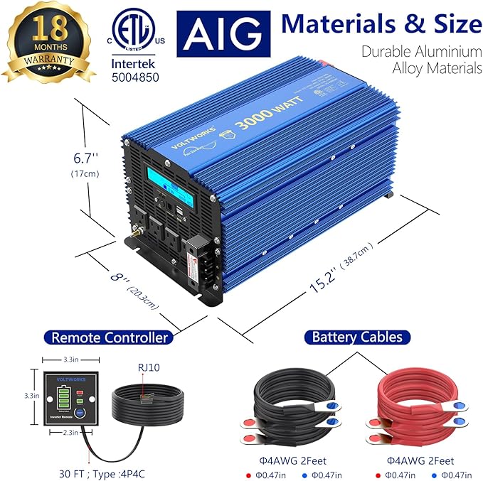 VOLTWORKS 3000W Pure Sine Wave Power Inverter 3000 Watt 12V DC to 110V 120V AC ETL Listed UL458 Compatible with Starlink & Lithium Battery for Off-Grid Solar Car RV Truck Boat with 30FT Wired Remote