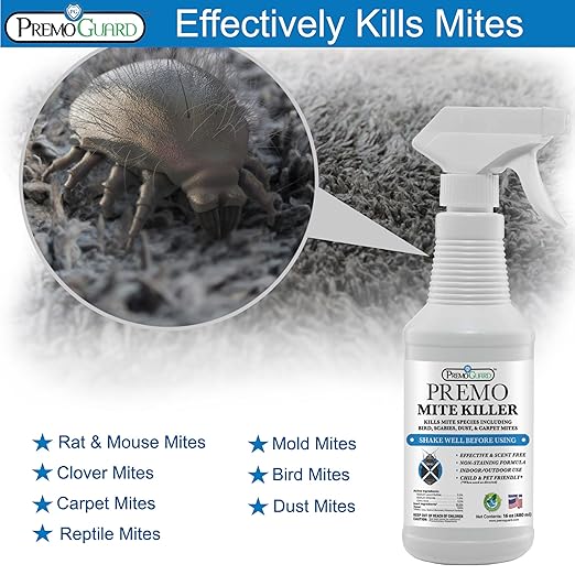 Premo Guard Natural Mite Spray – 16 oz Bottle – Plant Based Treatment for Dust, Spider, Carpet, Bird, Rat Mites – Safe for Families, Pet, Home, Bedding & Furniture When Used As Directed