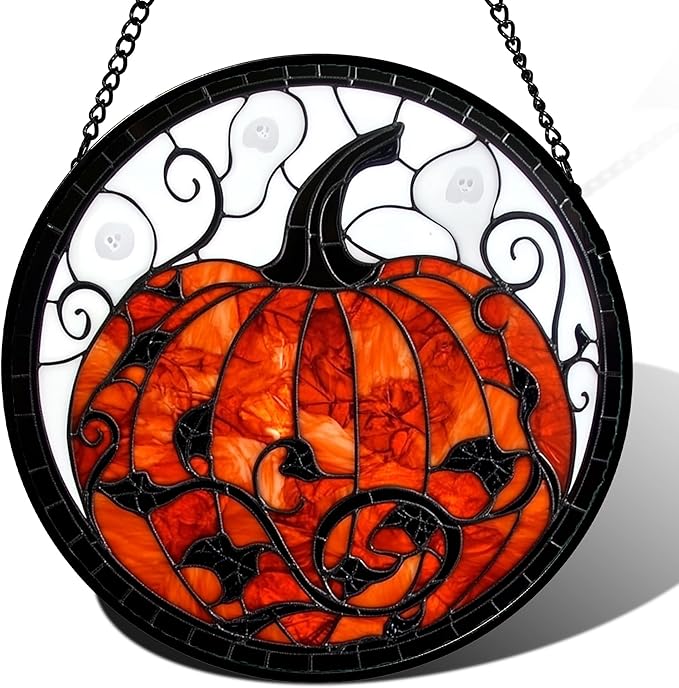 CRISGIF Stained Glass Window Hanging - Halloween Red White Scary Pumpkin Suncatcher for Doors Garden Home Spooky Rattan Sun Catchers Gothic Decor Horror Gifts for Women Men Friend Boy Girl 15 in