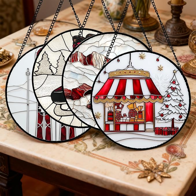 AMDERVEN Stained Glass Window Hanging 4 Pcs Set Winter Skiing Red Christmas House 9.8" - Suncatcher Door Garden Sun Catcher Decor Birthday Mother's Day for Mom Woman Nana Friend