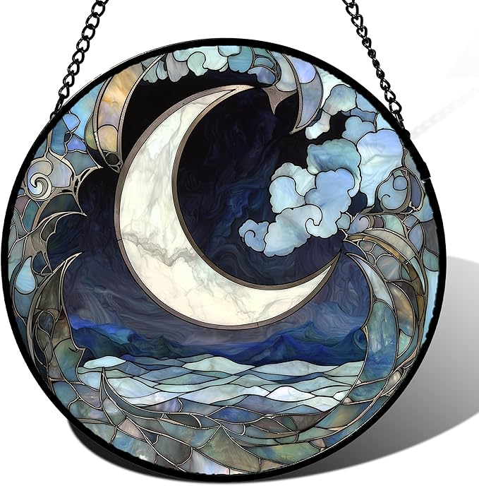 JOSUMALY Stained Glass Window Hanging - Abstract Sea of Clouds Moon Sun Catcher for Door Terrace Garden Home Decor, Gray Blue Suncatcher Birthday Gifts for Lovers Women Men Dad Mom Nana 9.8 in