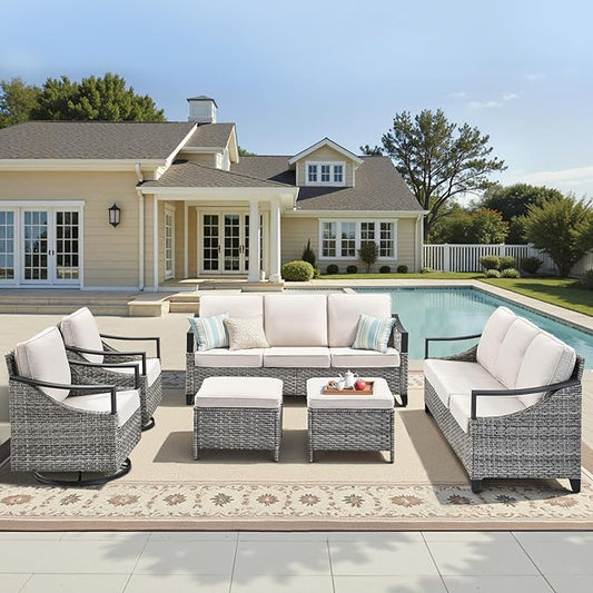 6 Pieces Patio Furniture Sets - All Weather Outdoor Swivel Rocker Patio Chairs with 3-Seat Sofa and Multifunctional Ottomans, Outdoor Conversation Set for Garden Porch Balcony Deck Gray/Beige