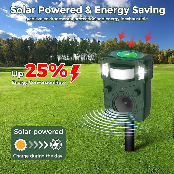 Solar Ultrasonic Animal Repellent, Multi-Modes Deer Repellent Devices,Cat Deterrent Outdoor, Squirrel Raccoon Dog Deterrent with Motion Sensor & Ultrasonic Waves for Garden Yard 2PC