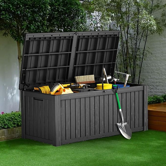 Mersco 150 Gallon Double-Wall Resin Deck Box - Lockable Waterproof Outdoor Storage Box, 1000lbs Capacity & Doubles as Seating for Patio Furniture - Garden Tools, Pool Accessories (Black)
