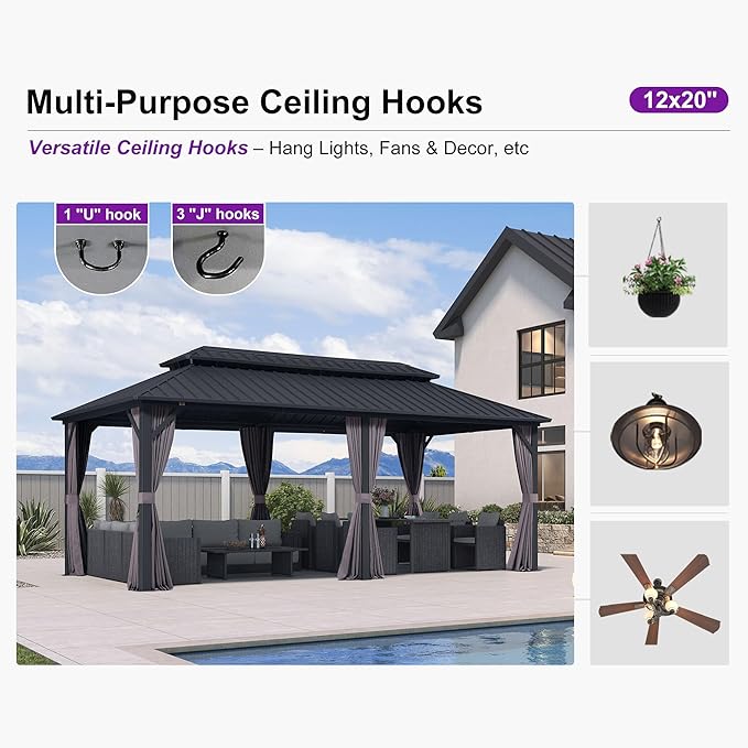 PURPLE LEAF 10' X 20' Permanent Hardtop Gazebo Aluminum Frame with Galvanized Steel Double Vented Roof Includes Removable Netting and Curtains with Hooks for Garden Patio Lawns Grey