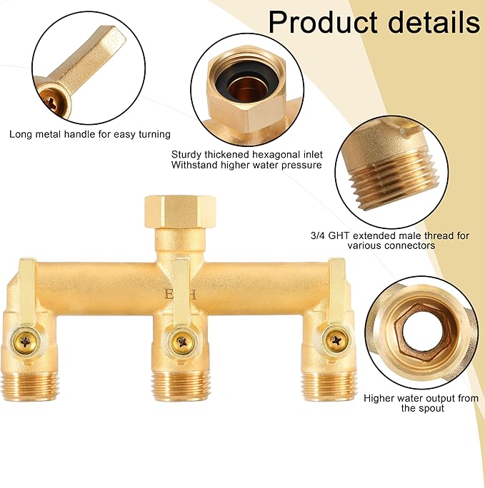 EBH Brass Garden Hose Splitter, 3 Way High Flow Outdoor Faucet Splitter,Full Flow 3-Way Brass Heavy Duty Hose Splitter With 3 Long Metal Handle and Individual On/Off Valve。