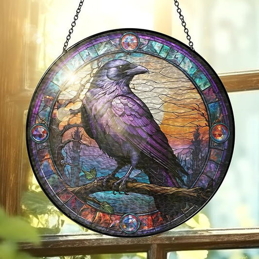 FLAGWIX Raven Stained Glass Window Hanging 8 in - Crow Gifts Decorations - Black Crow Sun Catchers Indoor Window for Gothic Home Decor, The Raven Gifts for Women Men Friends Family
