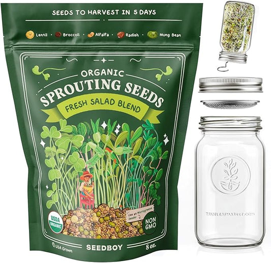 Seedboy Organic Non-GMO Fresh Salad Blend Sprouting Seeds & Kit – Includes Jar, Lid & Stand – USA Grown Microgreens Mix – 8 oz Bag Makes 24 Servings (Sprouting Jar/Salad Blend)