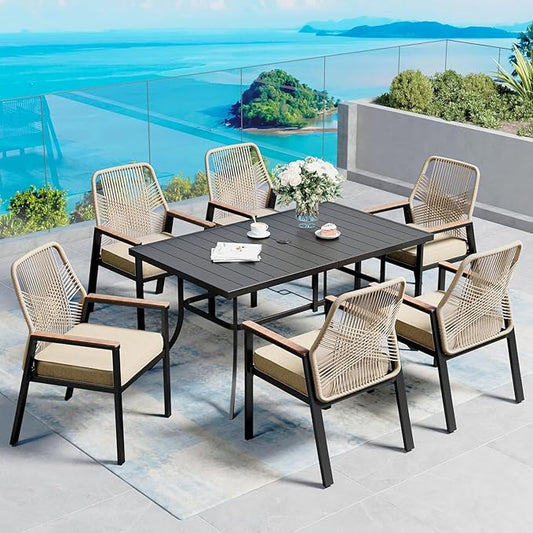 60" Patio Dining Table for 6, Rectangle Patio Table with Umbrella Hole,E-Coating and Powder Coating Steel Frame Metal Outdoor Patio Table for Garden Backyard Lawn Yard