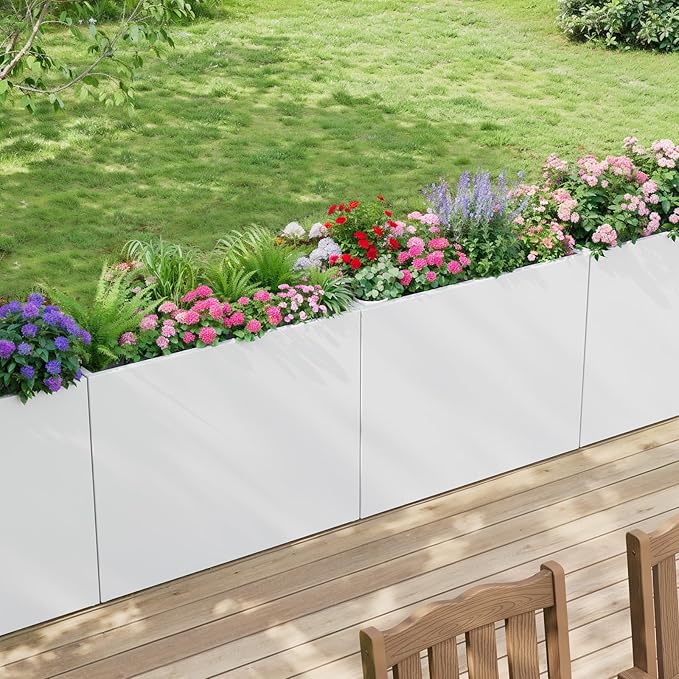 Stoog 38" Large Planters for Outdoor Plants Set of 2, Rectangular Metal Planter Box with Removable Insert Shelf, Ideal for Plants, Flowers, Vegetables, Garden, White