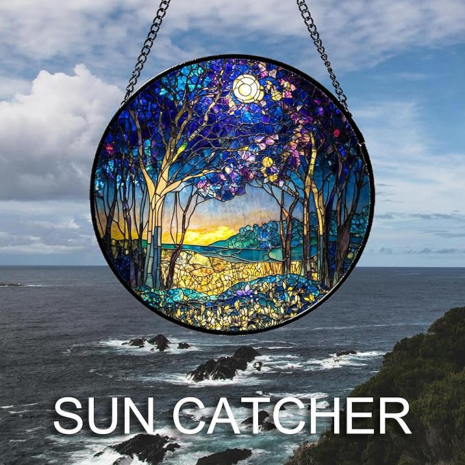 QZQCBLC Stained Glass Window Hanging Blue Purple Forest Trees Landscape Moon 7.8" - Suncatcher Door Garden Sun Catcher Home Decor Birthday Christmas for Mom Men Woman Nana